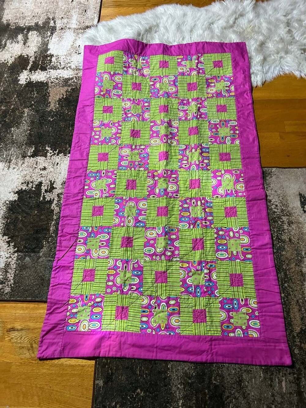 Handmade Patchwork Quilt Pink Green Geometric Retro Mod Baby Crib 57x35